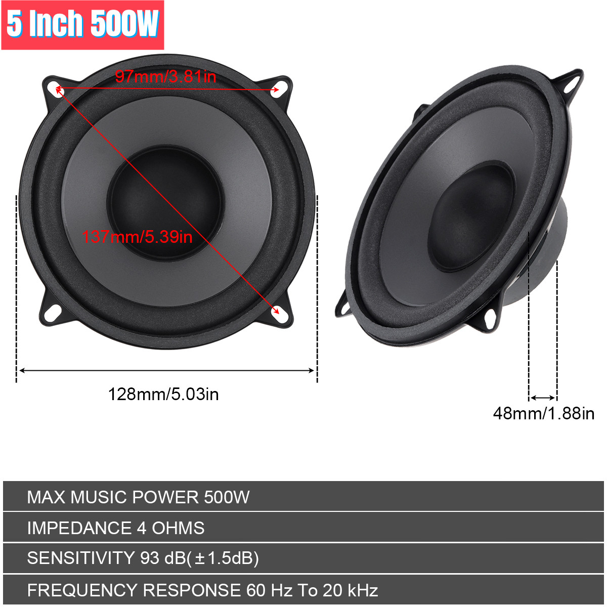 1 Piece 4/5/6.5 Inch 400W 500W 600W 2-Way Car HiFi Coaxial Speaker Vehicle Door Audio Music Stereo Full Range Frequency Speakers
