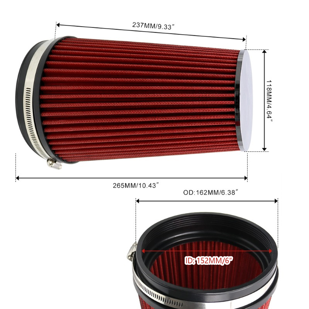 Intake Air Filter 6 Inch 155mm 265mm Short Long High Flow Racing Performance Cone Airfilter for KN Car Accessories