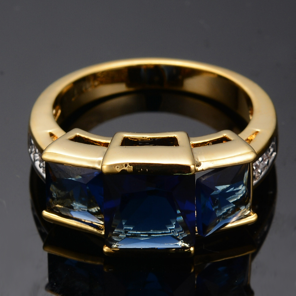 Luxury Female Crystal Blue Stone Ring Big Yellow Gold Color Wedding Rings For Women Vintage Bride Square Engagement Ring