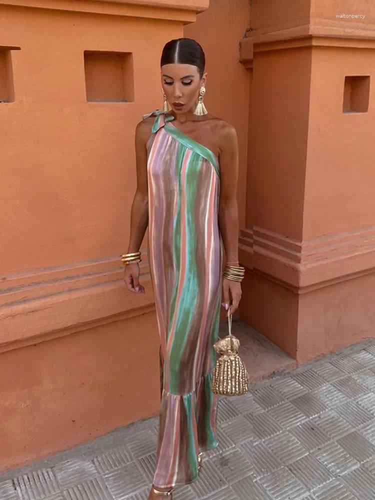 Casual Dresses Chic Gradient Printed Diagonal Collar Bow Lace Up Maxi Dress Women Sexy Backless Off Shoulder Sleeveless Robe Summer Lady