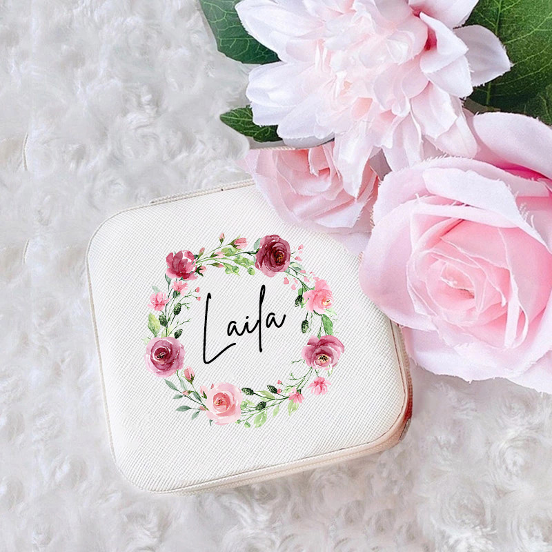 Personalized Jewelry Box Wreath with Name Jewellery Boxes Ring Box Girls Travel Jewellery Case Bridesmaid Proposal Gifts for Her