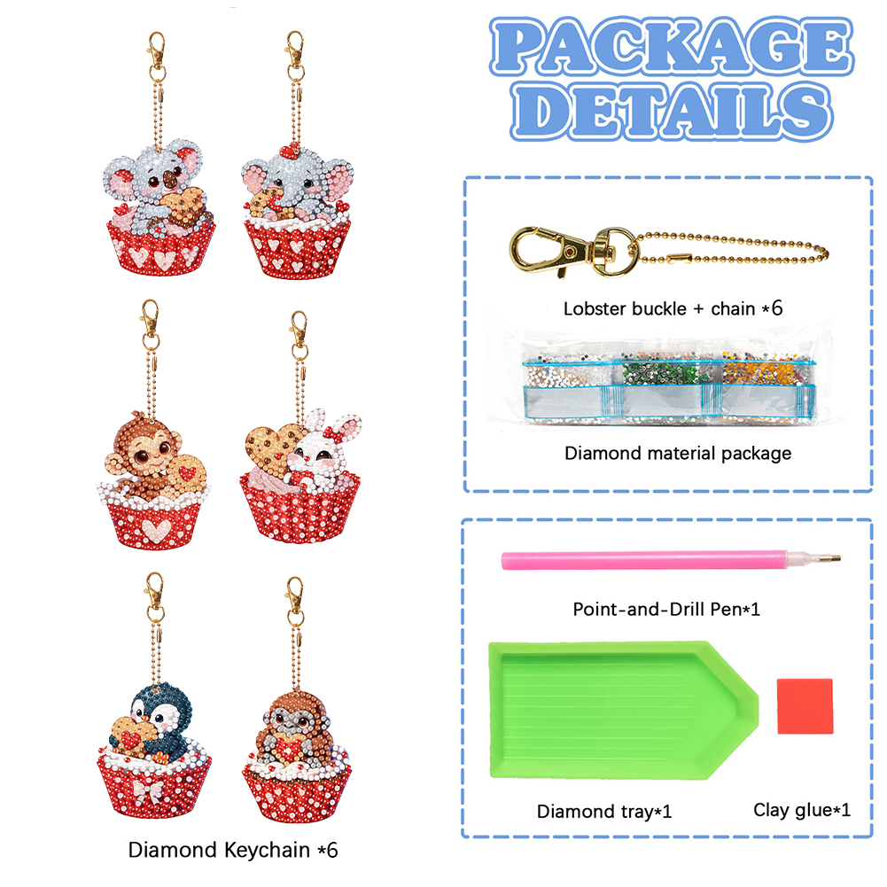 6 Pcs Double Sided Diamond Art Keyring Koala Rhinestone Painting Keychain Pendant Penguin for Birthday Crafting Home Party Decor