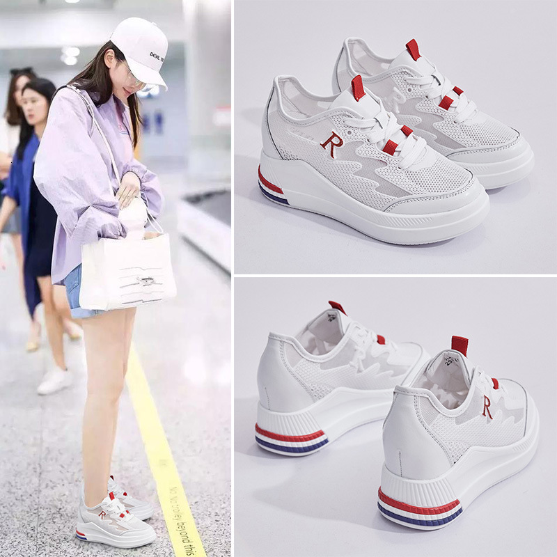 2024 Spring/Summer New with Mesh Breathable Small White Shoes, Female Hollow Inner Height, Casual and Versatile Sports Shoes