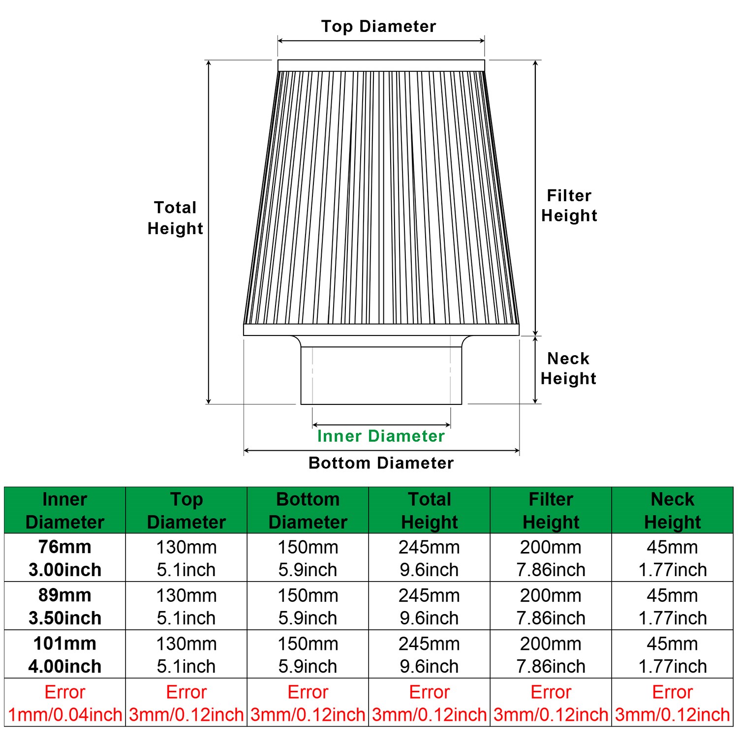 Car High Flow Air Filter 3" 3.5 4inch Cold Air Intake Universal Filters for Sport Racing Car Engine Air Inlet 76MM 89MM 101MM