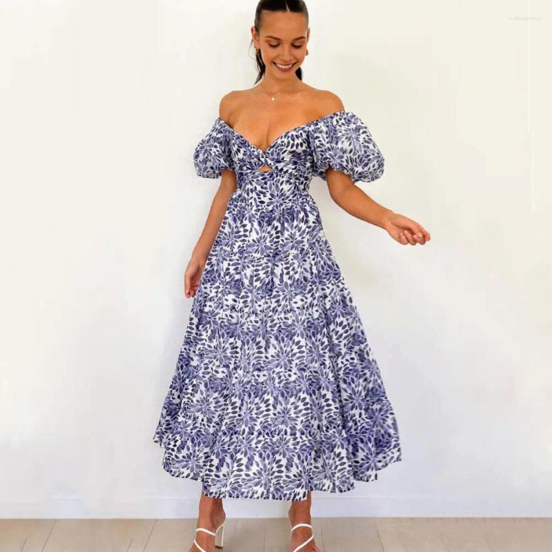 Casual Dresses V-neck Summer Dress Women All-over Print Colorful Bubble Sleeve Maxi With Off-shoulder Design Pleated Hem