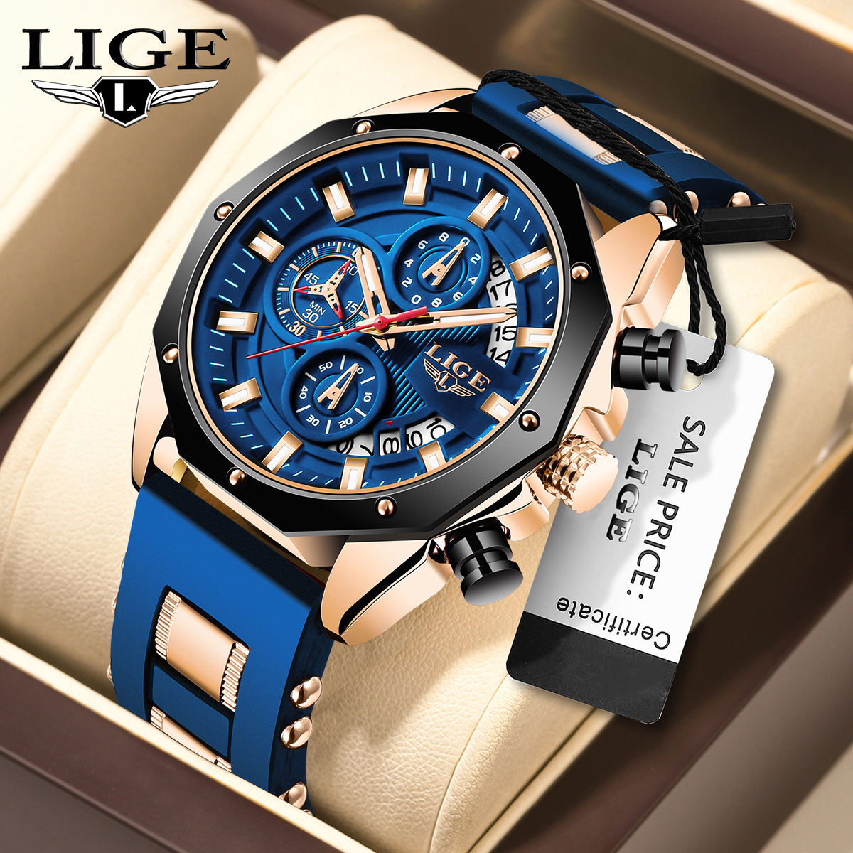 LIGE Mens Watches Brand Luxury Silicone Strap Waterproof Sport Quartz Watch Men Chronograph Military Clock Multi-function chronograph