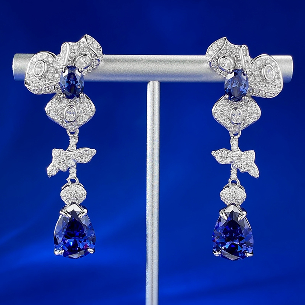 Wong Rain 100% 925 Sterling Silver Pear Cut Lab Sapphire Gemstone Flower Drop Dangle Earrings for Women Fine Jewelry Gifts