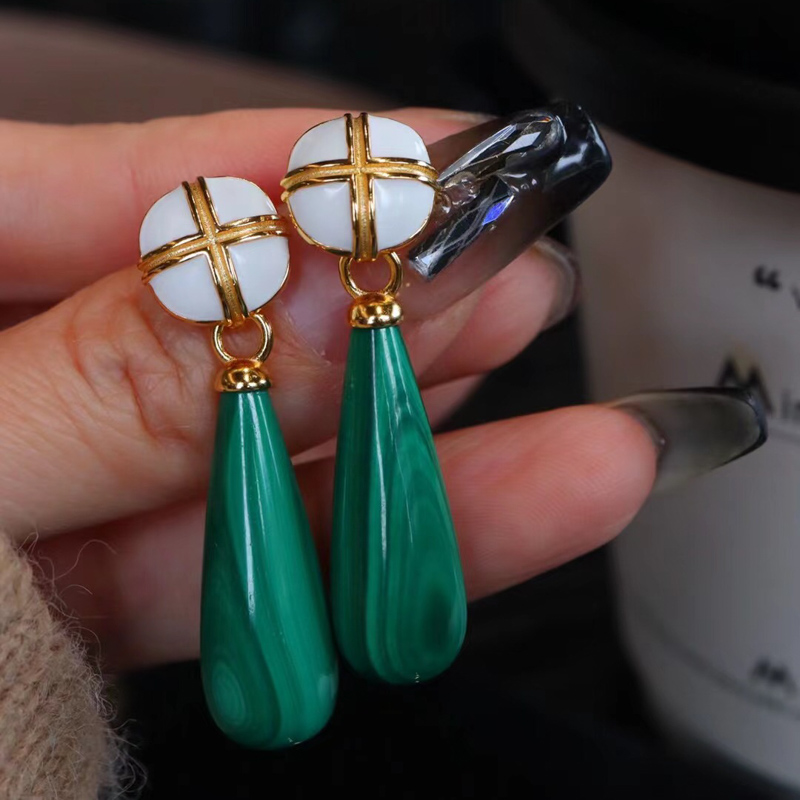CSJ Elegant Natural Malachite Dangle Earrings Sterling 925 Silver Handmade Jewelry for Women Party Gift