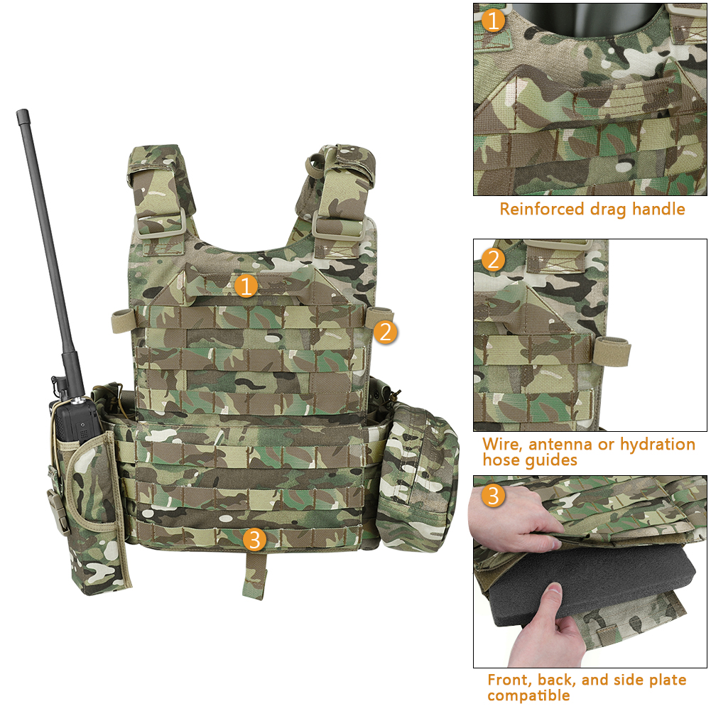 KRYDEX 500D Tactical Vest Body Armor Hunting Plate Carrier Airsoft Accessories Mag Pouch Camo Military Army 6094 Paintball Vest