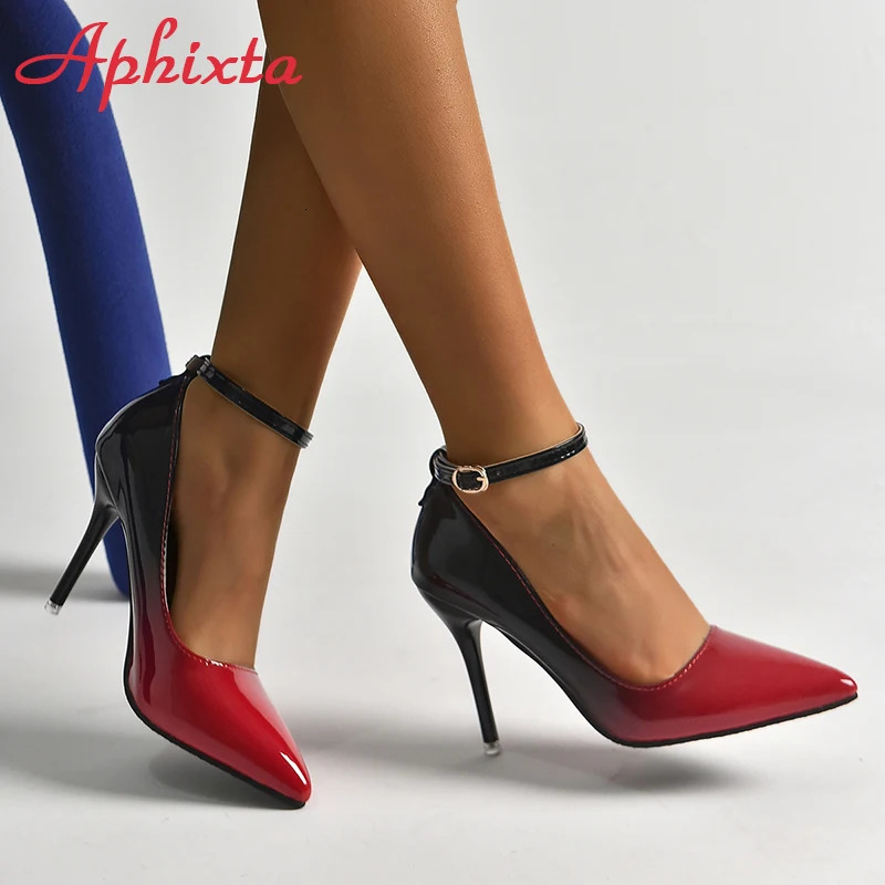 Aphixta 10cm Stiletto Heels Gradient Pumps Women Shoes Patent Leather Ankle Strap Super High Pointed Toe Super Big 48 49 50 240629