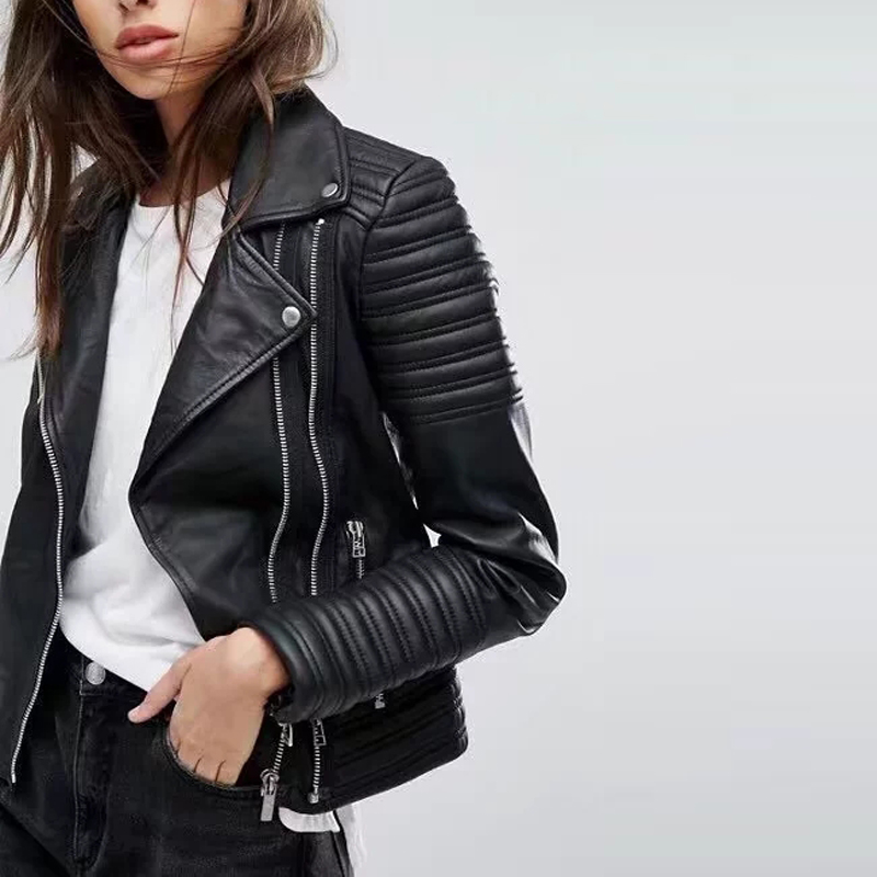 Women Faux Leather Jackets Smooth Motorcycle PU Jacket Ladies Long Sleeve Autumn Biker Streetwear Black Silm Zipper Black Coat