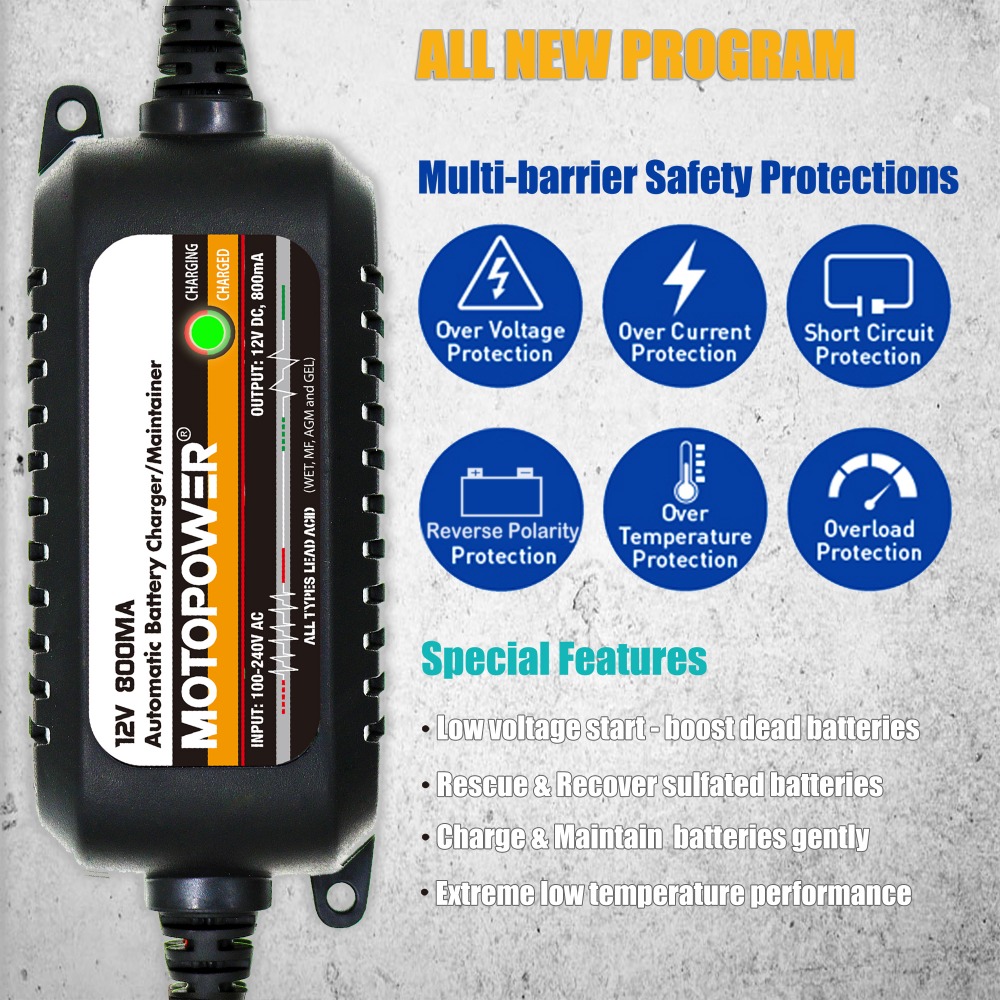 MOTOPOWER MP00205C Fully Automatic Car Battery Charger Maintainer 12V 800mA Smart Fast Power Charging For Car Motorcycle
