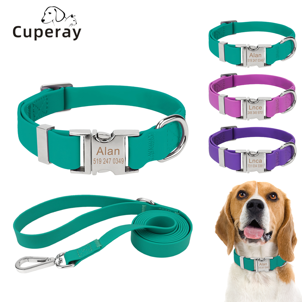 Personalized Custom Dog Collar and Leash Set,PVC Waterproof Adjustable Stinkproof Pet Collar Leashes for Large,Medium Small Dogs