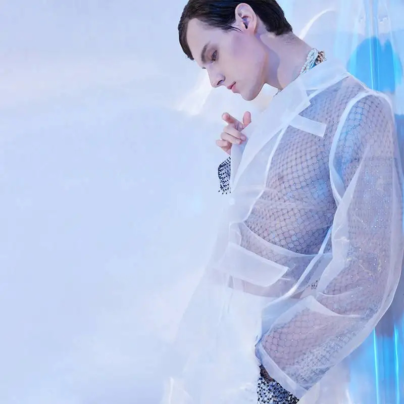 Fashion Men Mesh Blazers Transparent Lapel Long Sleeve Sexy Casual Coats One Button Streetwear Party Men Suit S-5XL INCERUN 240626