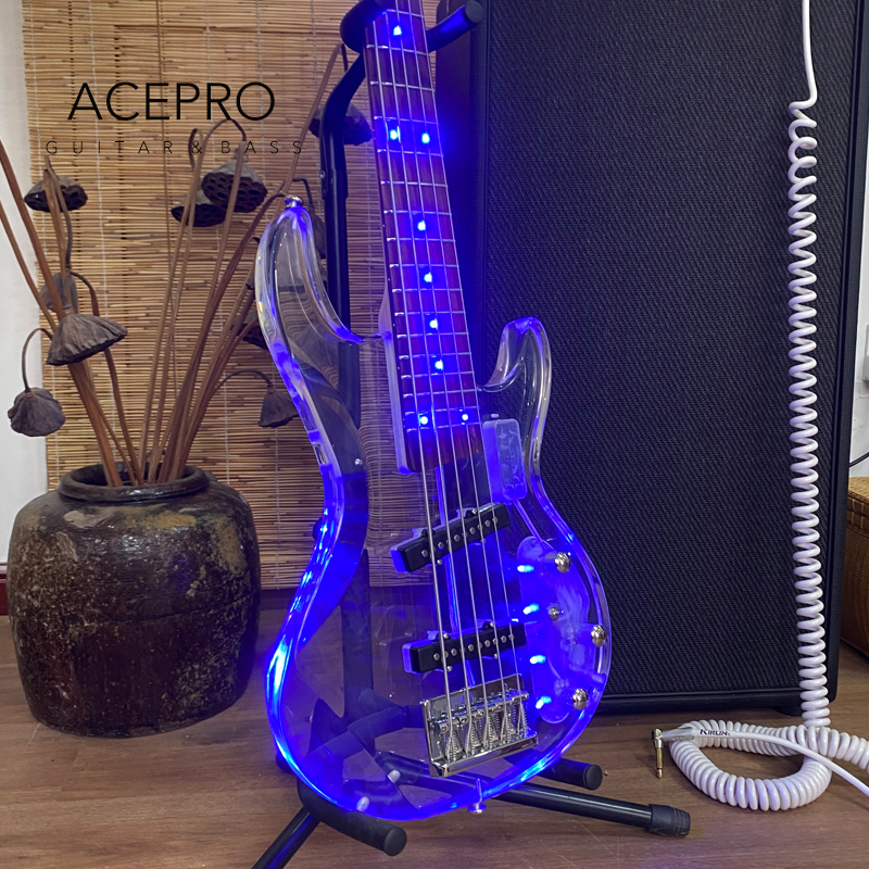 5 String Electric Bass Guitar Blue LED Light, Acrylic Body and Headstock, Maple Neck Rosewood Fretboard, LED Color Customizable