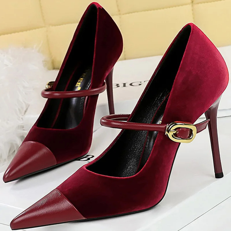Korean Version Party 10cm 7cm High Heels Women Shoes Thin Heels Velvet Shallow Montage Pointed Toe Metal One-line Buckle Pumps 240629