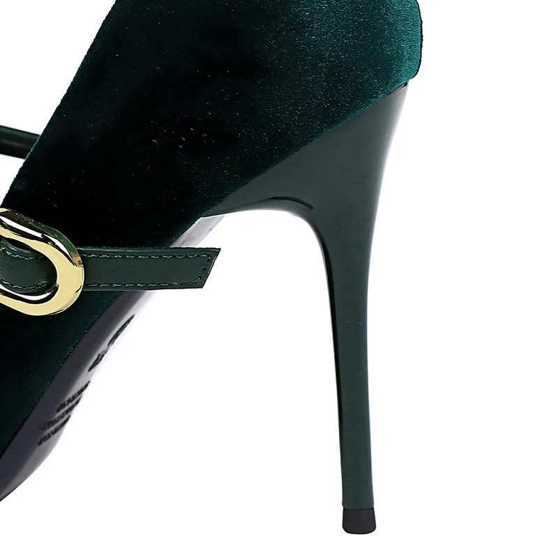Korean Version Party 10cm 7cm High Heels Women Shoes Thin Heels Velvet Shallow Montage Pointed Toe Metal One-line Buckle Pumps 240629