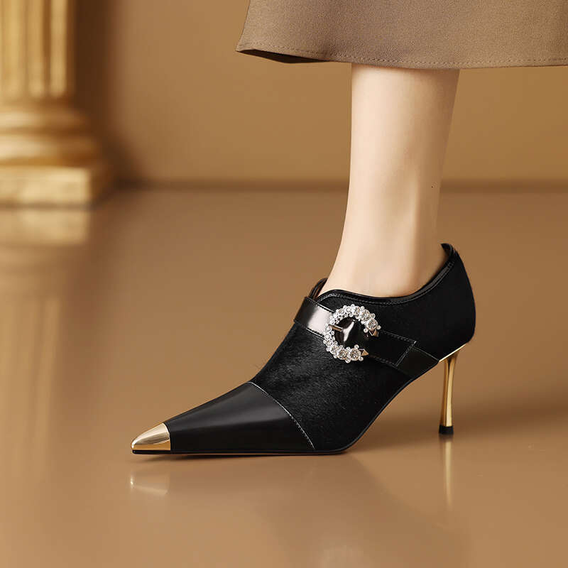 Women Elegant Horsehair Pointed Toe Heels Pumps Zip