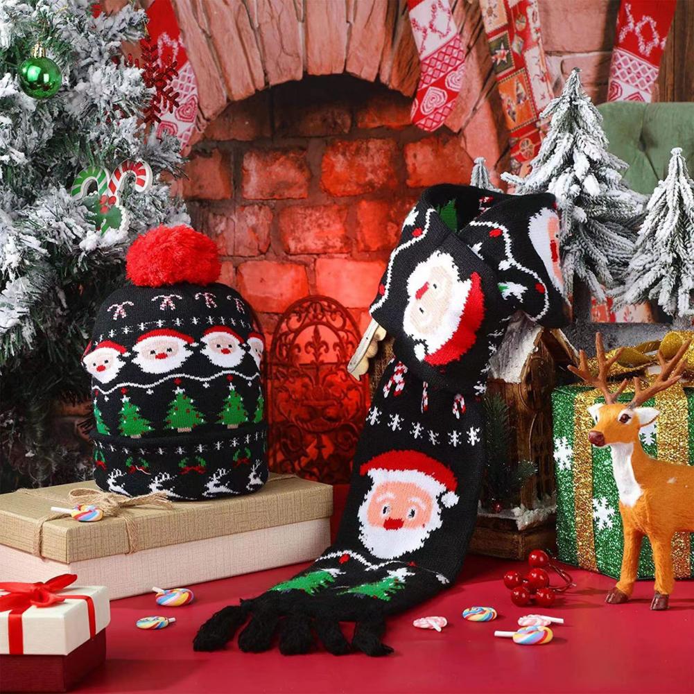 1 Set Hat Scarf Set LED Christmas Cap Snowflake Santa Elk Christmas Tree Print Bright Color Matching Unisex New Year Festive Tas