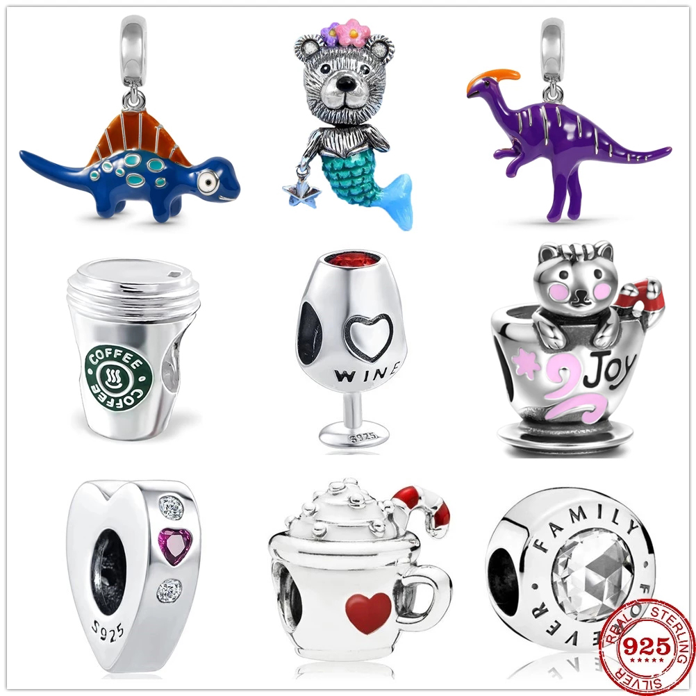 New 925 Sterling Silver Coffee Wine Family Girl Boy Heart Spacer Charm bead Fit Original Pendant Bracelet DIY Jewelry For Women