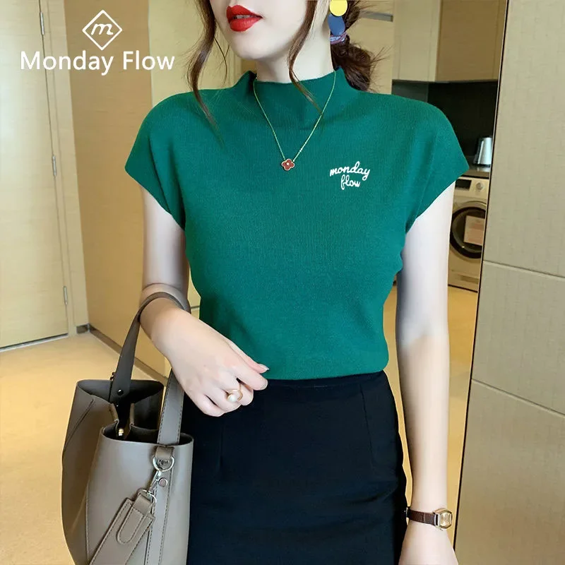 Mondayflow Women Elastic Tennis Sweaters Ladies Slim Knitted Bottoming Shirts Women Stand Collar Shorts Sleeve Tops Golf T-Shirt