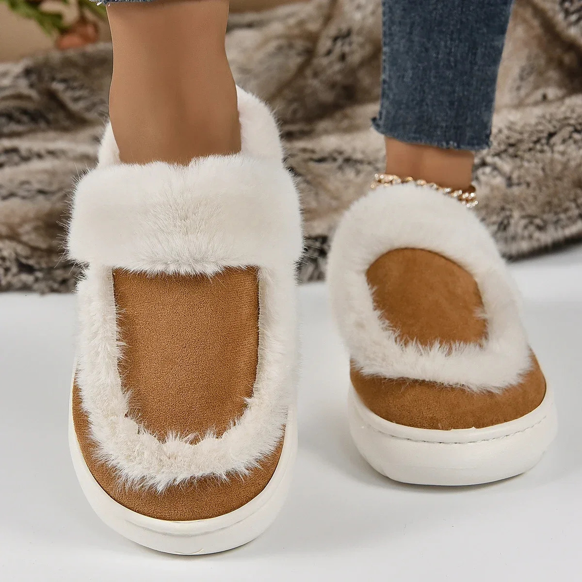 Winter Women Platform Fur Slippers Warm New Short Plush Flats Home Cotton Shoes Suede Slippers Slides Women Claquette Femme 240629