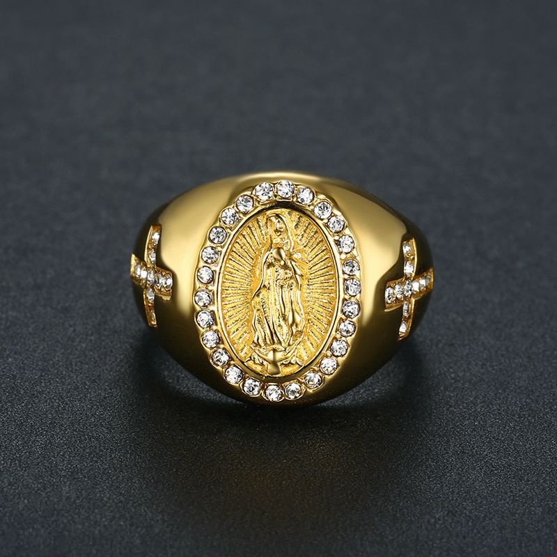 New arrival US 6-13 size Men's Gold color Cubic Zirconia Our Lady of Guadalupe Virgin Mary Ring Religious Ring