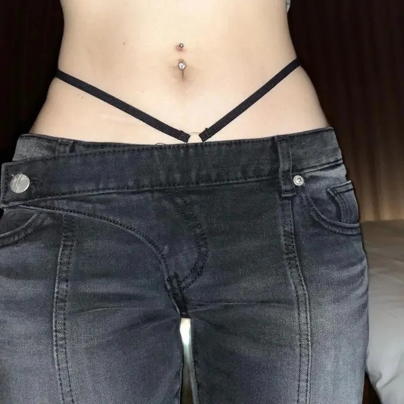 Karrram Vintage Distressed Low Waist Jeans Grunge Asymmetrical Denim Pant Korean Fashion Black Flare Kpop Streetwear 240626