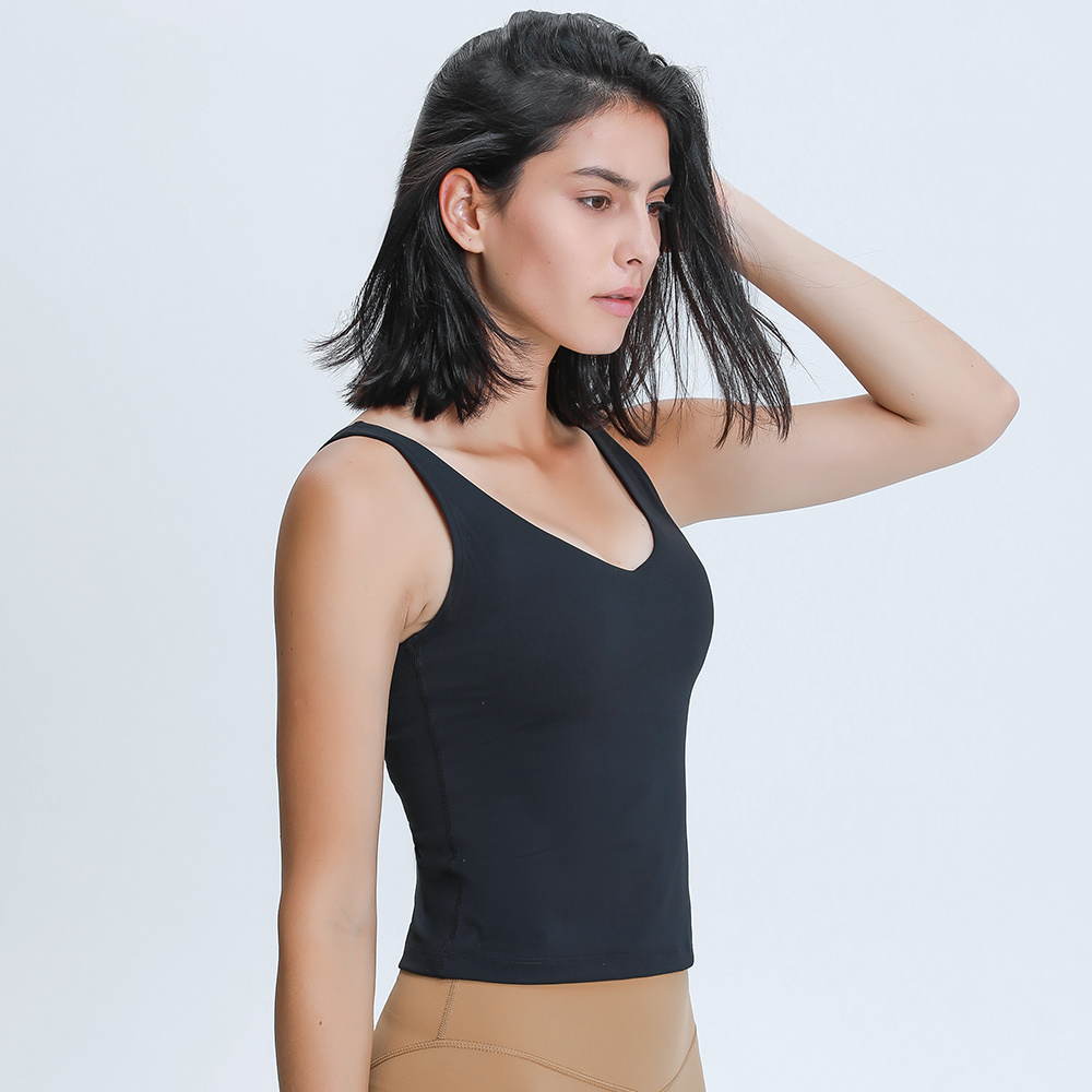 Women Waist-Length Tank Top V-neck Four-way Stretch Sweat-wicking Yoga Shirt With Removable Cups U-Back Cozy Soft Workout Vest