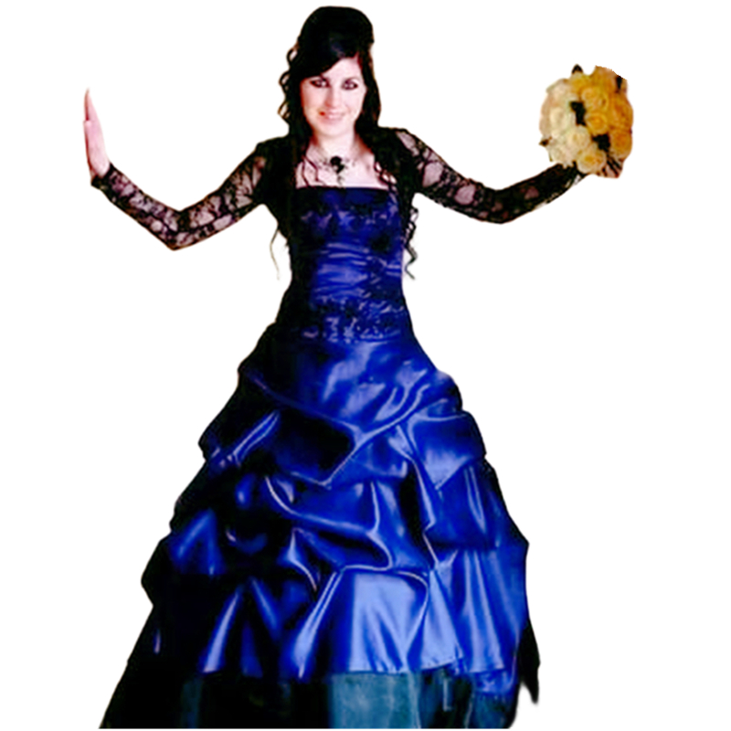 Royal Blue And Black Gothic Wedding Dresses With Lace Jacket Ruched Long Train Plus Size Bridal Gowns Satin Vintage Bride Dress Vestido De Novia