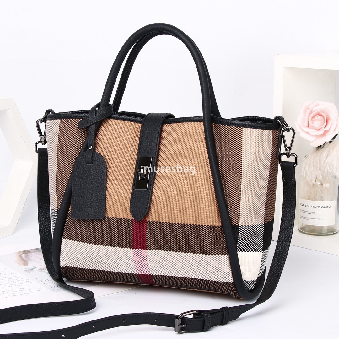 Crowdsourced design street trend contrasting color wing for women new and trendy carrying plaid canvas bag large capacity cowhide handbag 4449 4