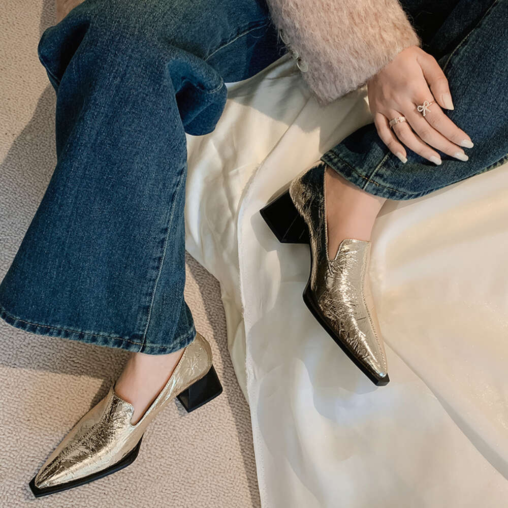 Genuine Leather High Heels Pumps Women Chunky Heel High Heels Low Heel Fashionable Versatile Shoes