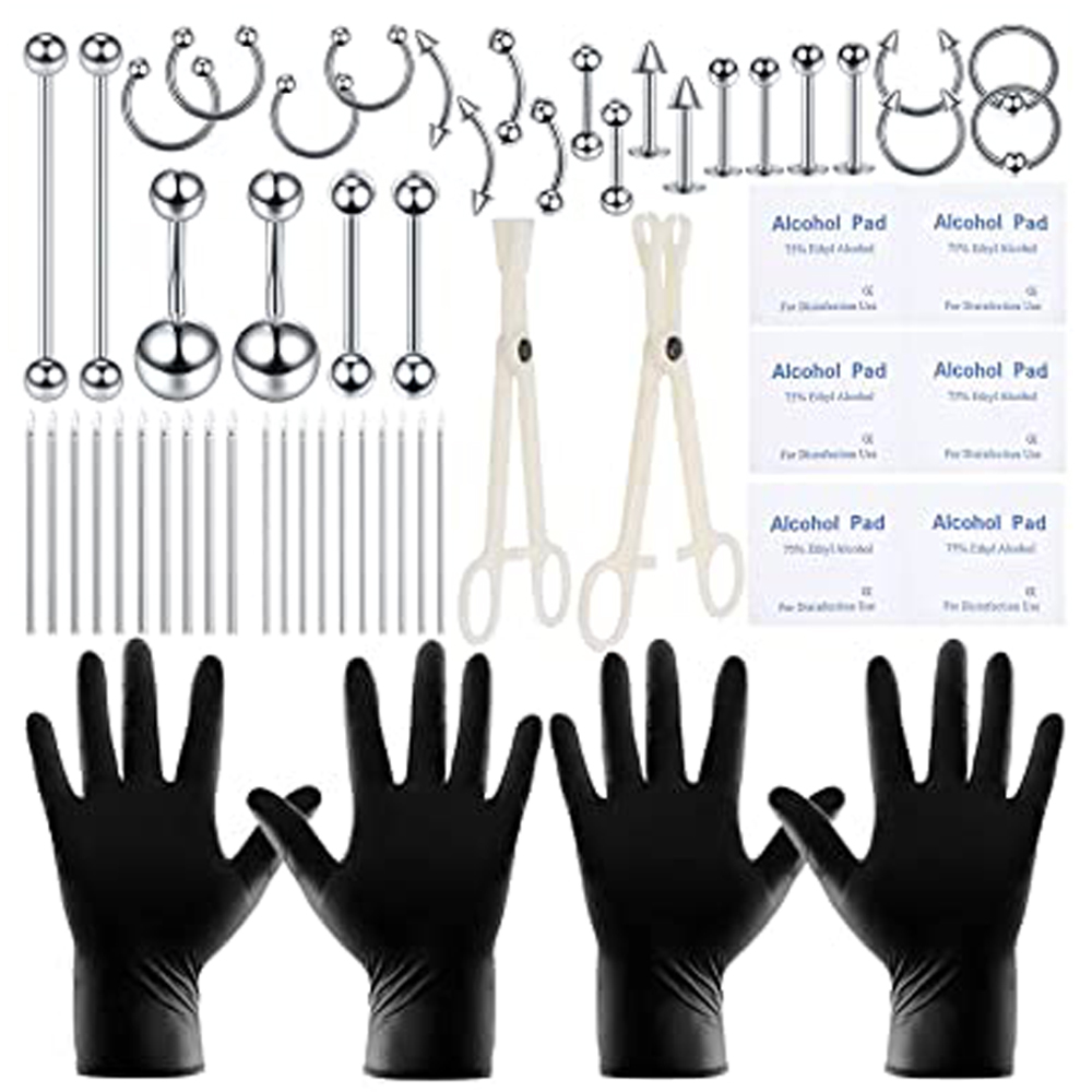 58PCS Body Piercing Kit 14G 16G Lip Nail Cartilage Daith Ear Belly Rings Nose Septum Piercing Jewelry Needles Gloves Clamps Tool
