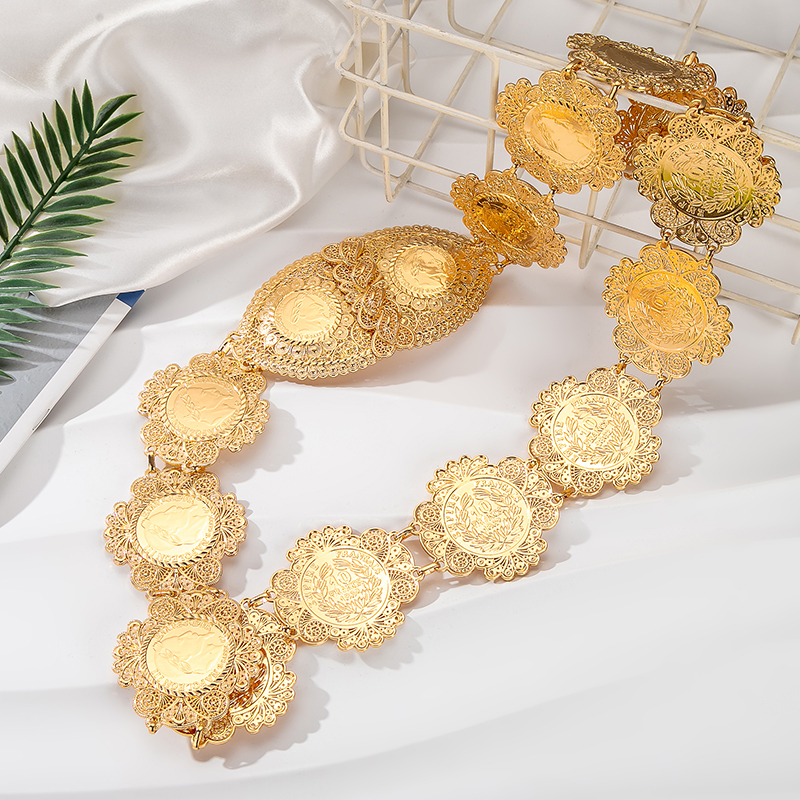 fatima Moroccan Style Gold Color Belt Coin Waist Chain Algeria Wedding Crystal Tassel Necklace Senior Sense Women's