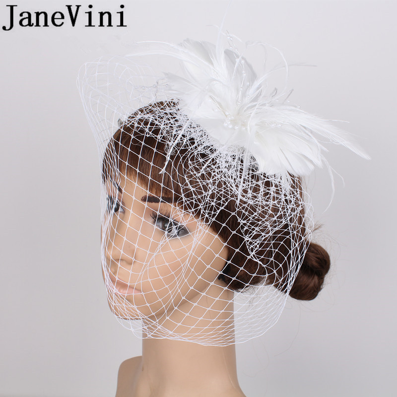 JaneVini 2020 New White Wedding Hat with Comb Veil Feather Wedding Hats Fascinators for Women Elegant Brides Hair Decoration