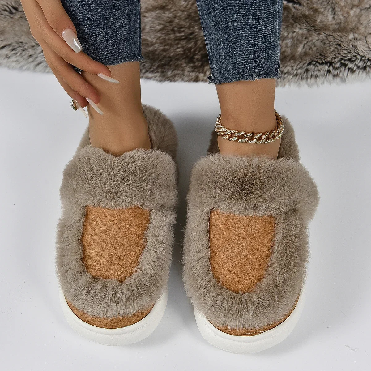Winter Women Platform Fur Slippers Warm New Short Plush Flats Home Cotton Shoes Suede Slippers Slides Women Claquette Femme 240629