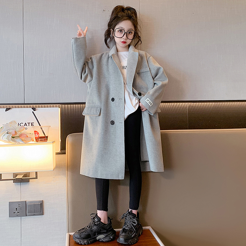 Elegant Wool Blends for Children Streetwear Vintage Teenage Girl Jackets Loose Autumn Winter Coats Woolen Overcoat Korean Kids