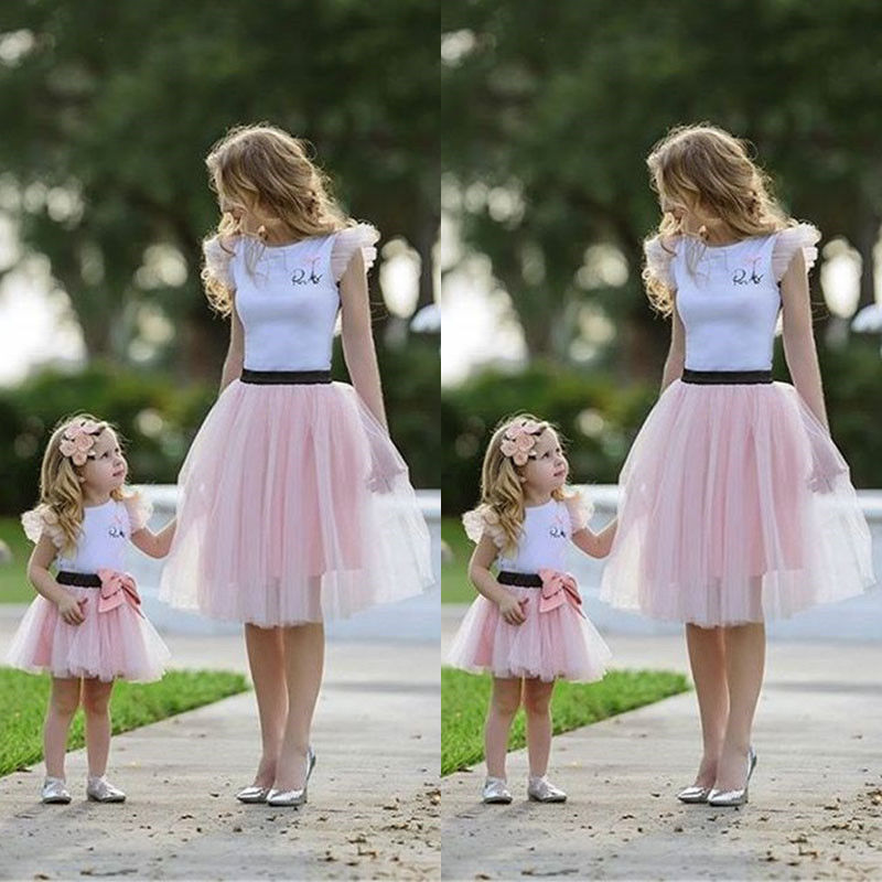 Family Matching Sets Mother Daughter Lovely Sweet Summer 2PCS White Solid T-Shirts Tops Pink Bow Lace Tutu Skirts