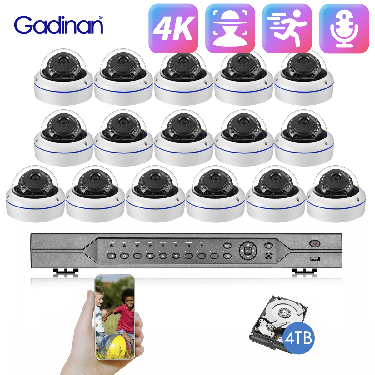 Gadinan 4K 8MP IP Security Camera System Outdoor Audio POE CCTV NVR Set 16CH P2P Face Detect Video Surveillance Kit XMEYE