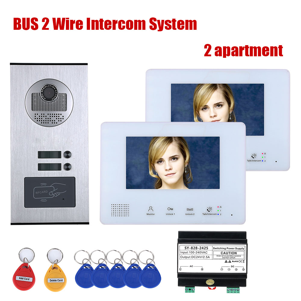 7 Inch BUS 2 Wire Video Door Phone Intercom systems Kit for home 2/3/4/5/6 Units Apartment Night Vision
