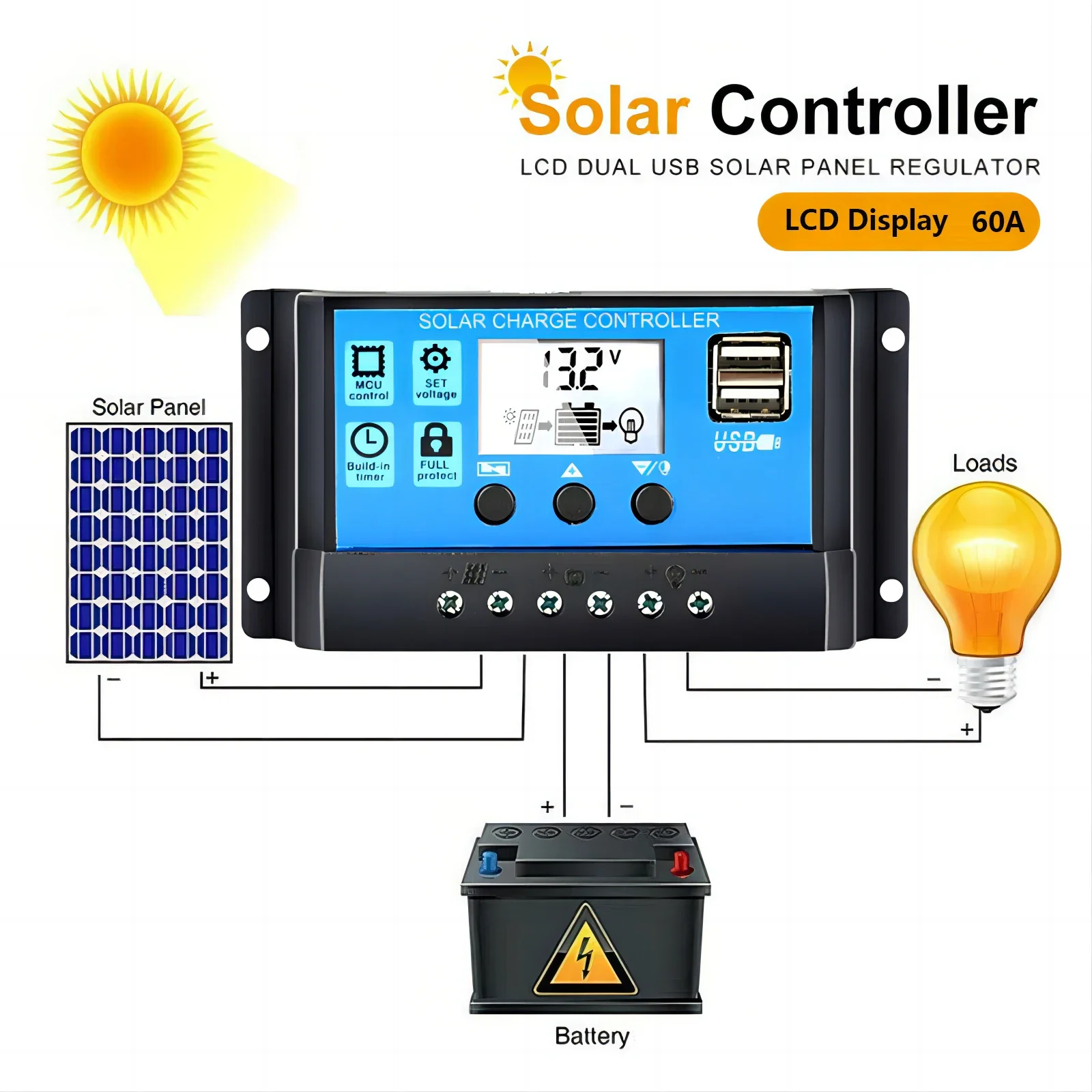 Solar Charge Controller 12V/24V PWM 10A 30A 60A with Adjustable LCD Display Timer Setting EESBAO