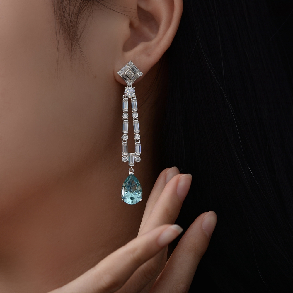 WUIHA Real 925 Sterling Silver Pear 10CT Fancy Vivid Aquamarine Synthetic Moissanite Drop Earrings for Women Gift Drop Shipping