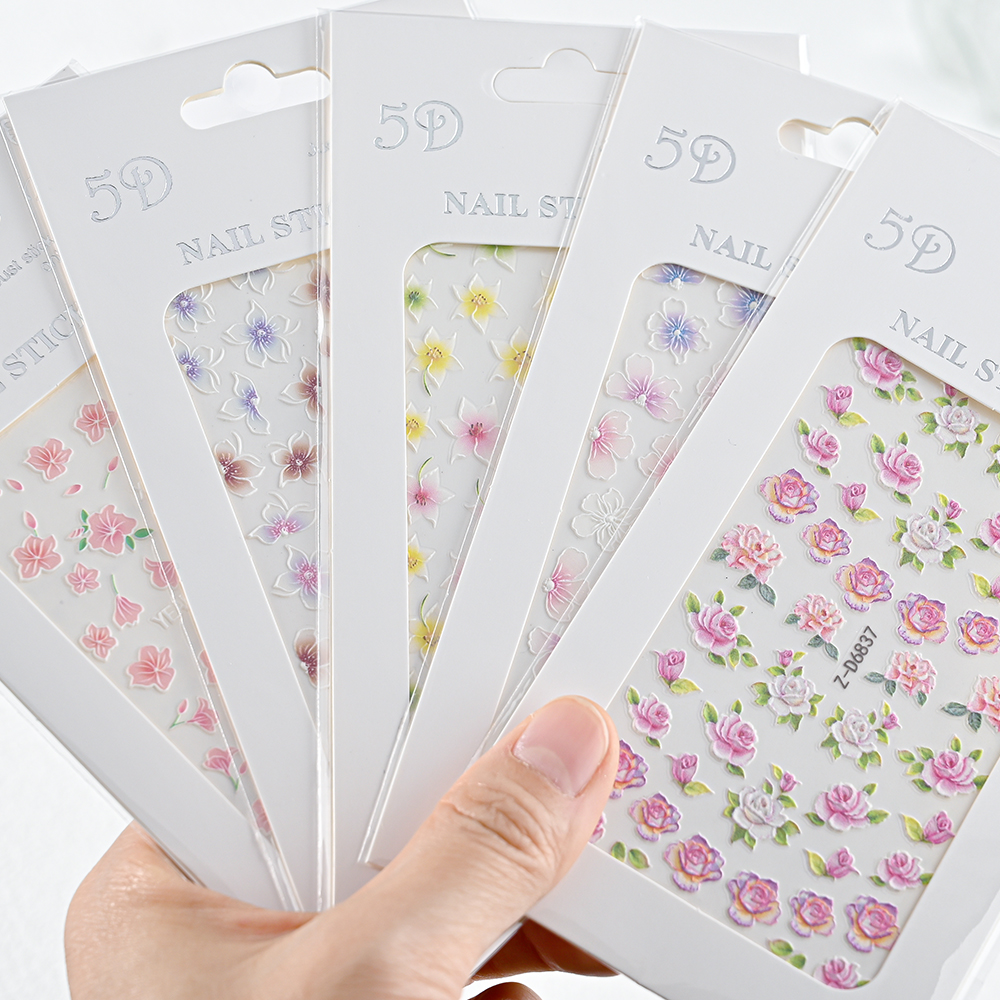 1PC 5D Nail Stickers Embossed Colorful Flower Engraved Design With Textured Self-Adhesive Slider Decals Manicure Nail Art Decora