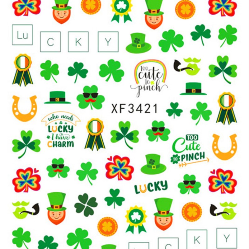 10 Sheets Green Irish Trefoil 3 Leaf Lucky Flowers St. Patrick's Day Adhesive Nail Art Stickers Decals Manicure Charms Suppliers