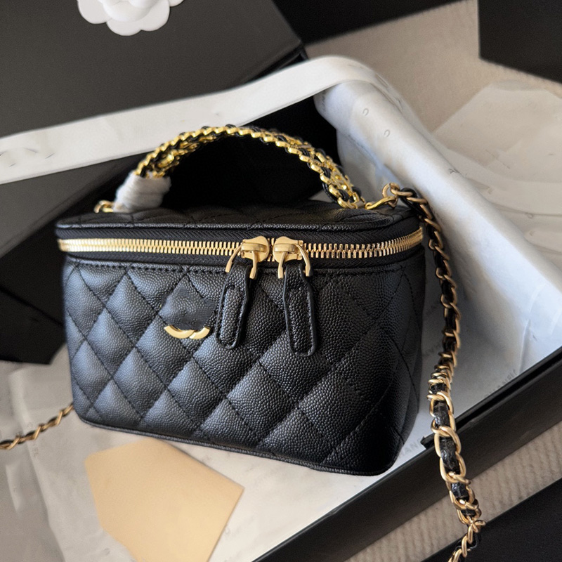 Designer Bag 10colors Caviar Leather Lipstick Ccbadge Zipper Trunk Makeup Box Bag with Mirror Card Holder Gold Metal Hardware Matelasse Chain Crossbody Cosmetic Ca