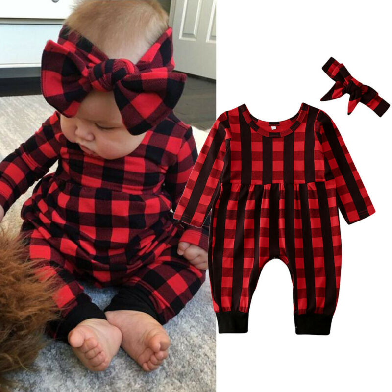 Christmas Newborn Baby Girls Plaid Romper Bodysuit Jumpsuit Headband Outfits Clothes 2021 New Fashion