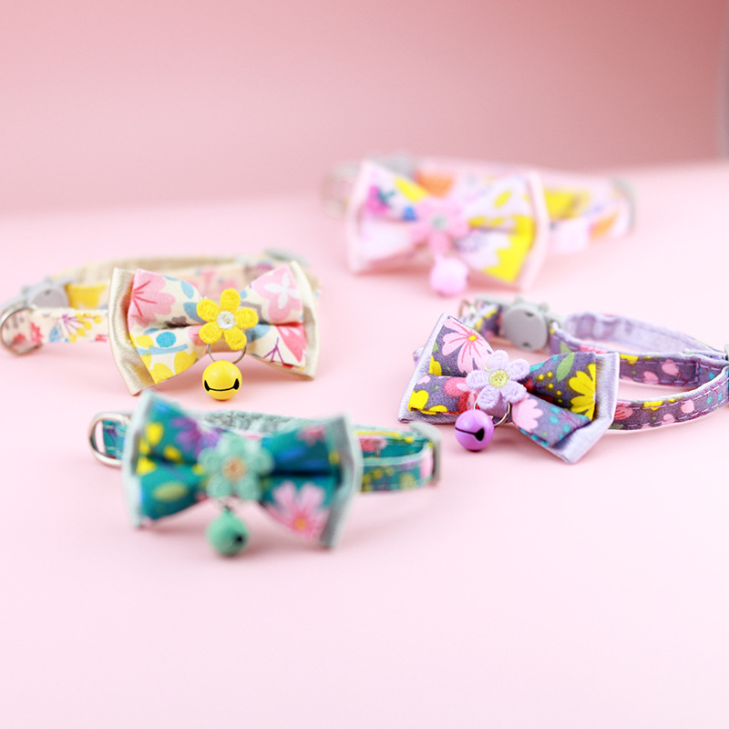 Bow Tie Cat Collar, Floral Pet Collar Lace Embroidered Flower Bell Removable Bow Tie Cat Collar for Kitten and Puppy Accessories