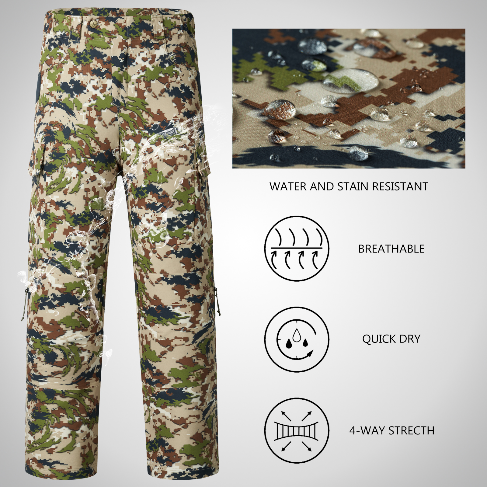Bassdash Men Stretch Waterproof Hunting Pants Water Resistant Camo Fishing Trousers Camouflage With Zippered Pockets