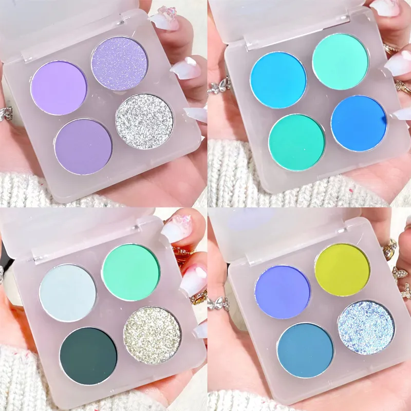 4 Colors Blue Green Eyeshadow Palette Eye Makeup Purple Eye Shadow Glitter Pearly Halloween Eyeshadow Korean Eye Makeup Palette