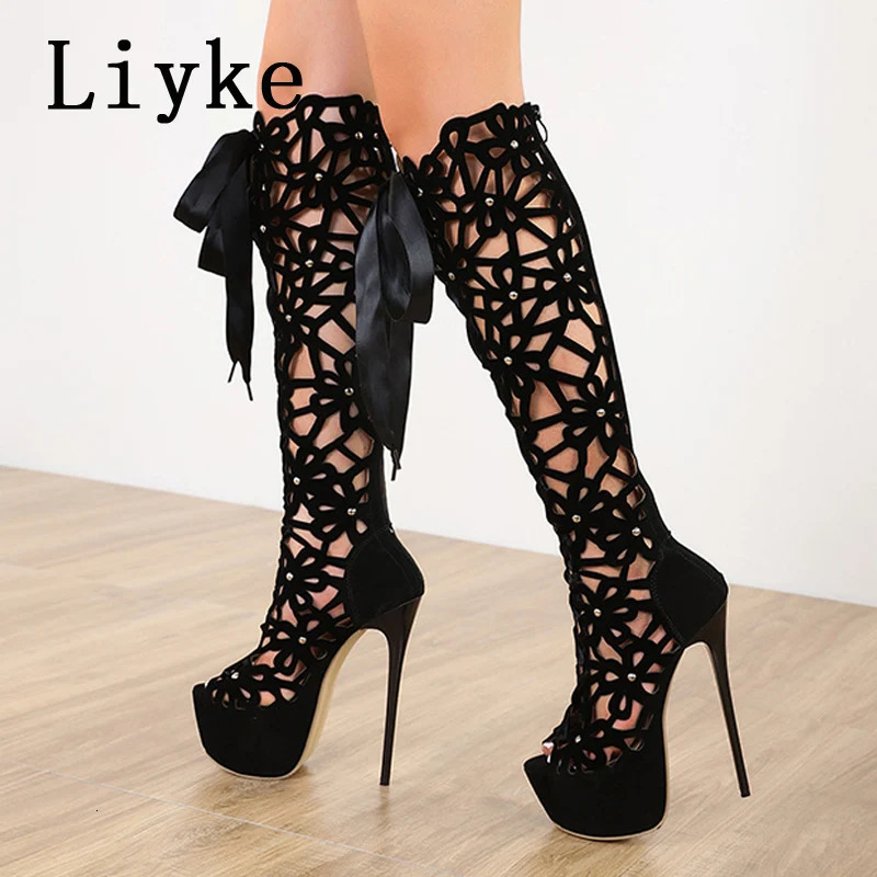 Liyke 16CM Ultra Thin High Heels Sexy Nightclub Hollow Out Over The Knee Boots Women Peep Toe Lace-Up Zip Platform Shoes Sandals 240629